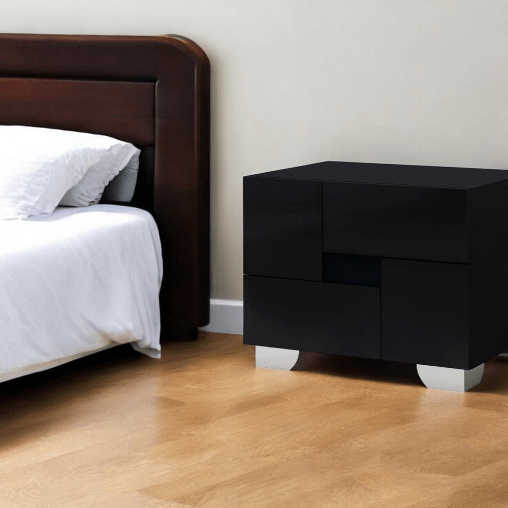 18" Black Wood And Mirrored Glass Two Drawer Nightstand