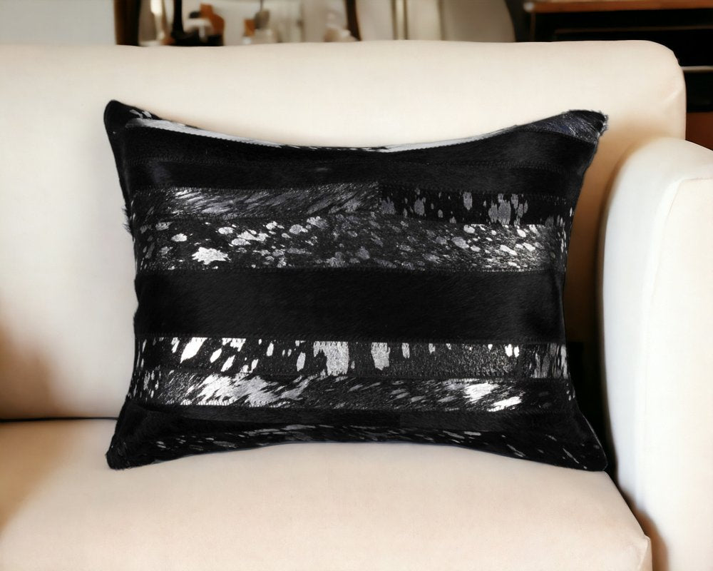 12" X 20" Gray and Silver Striped Cowhide Lumbar Throw Pillow