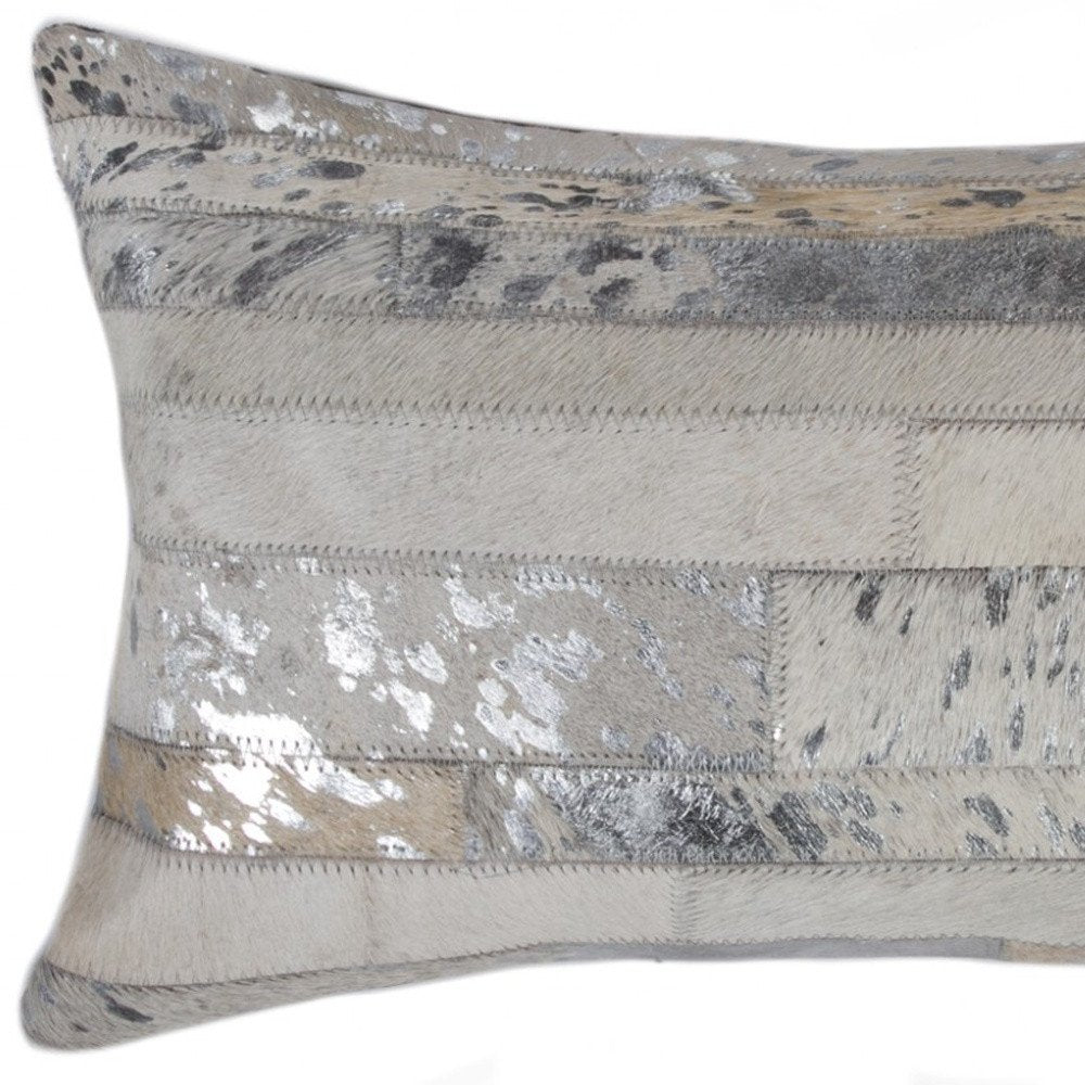 12" X 20" Black and Silver Cowhide Throw Pillow
