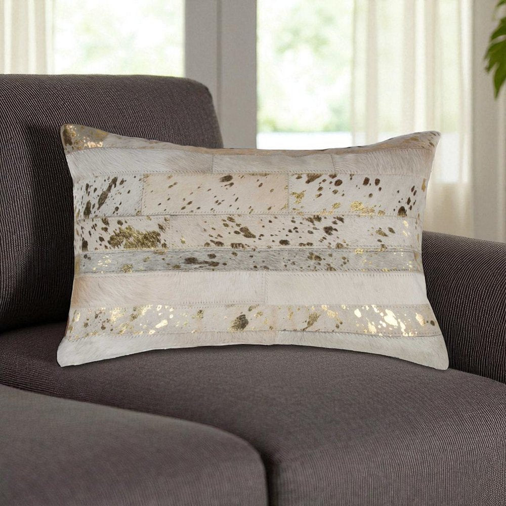 12" X 20" Natural And Gold Cowhide Throw Pillow
