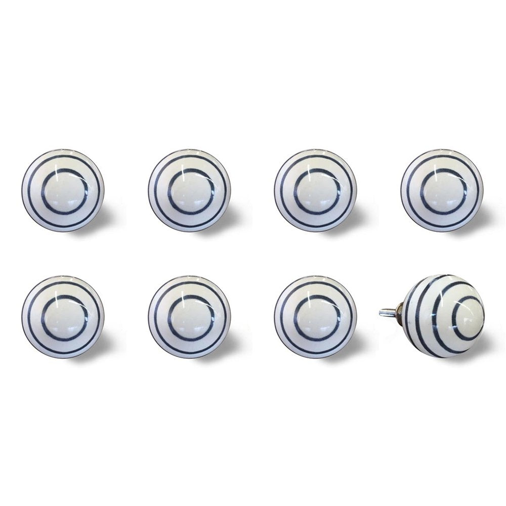 Set of Eight White And Navy Blue Geo Lines Ceramic Drawer Pull Knobs