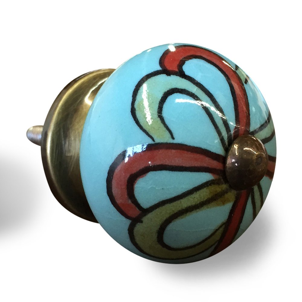 Set of Twelve Turquoise And Red Geometric Ceramic Drawer Pull Knobs