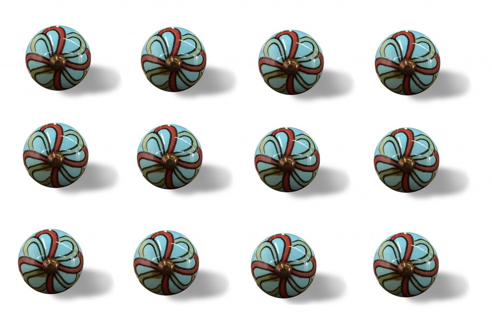 Set of Twelve Turquoise And Red Geometric Ceramic Drawer Pull Knobs