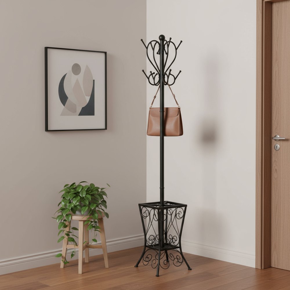 16" X 16" X 71" Black Metal Umbrella Holder Coat Rack