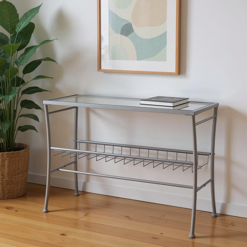 42" Clear and Silver Glass and Metal Console Table With Shelf