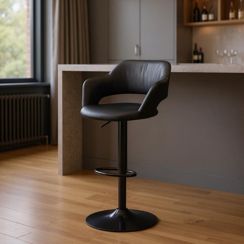 Black Faux Leather And Metal Low Back Adjustable Height Swivel Bar Chair