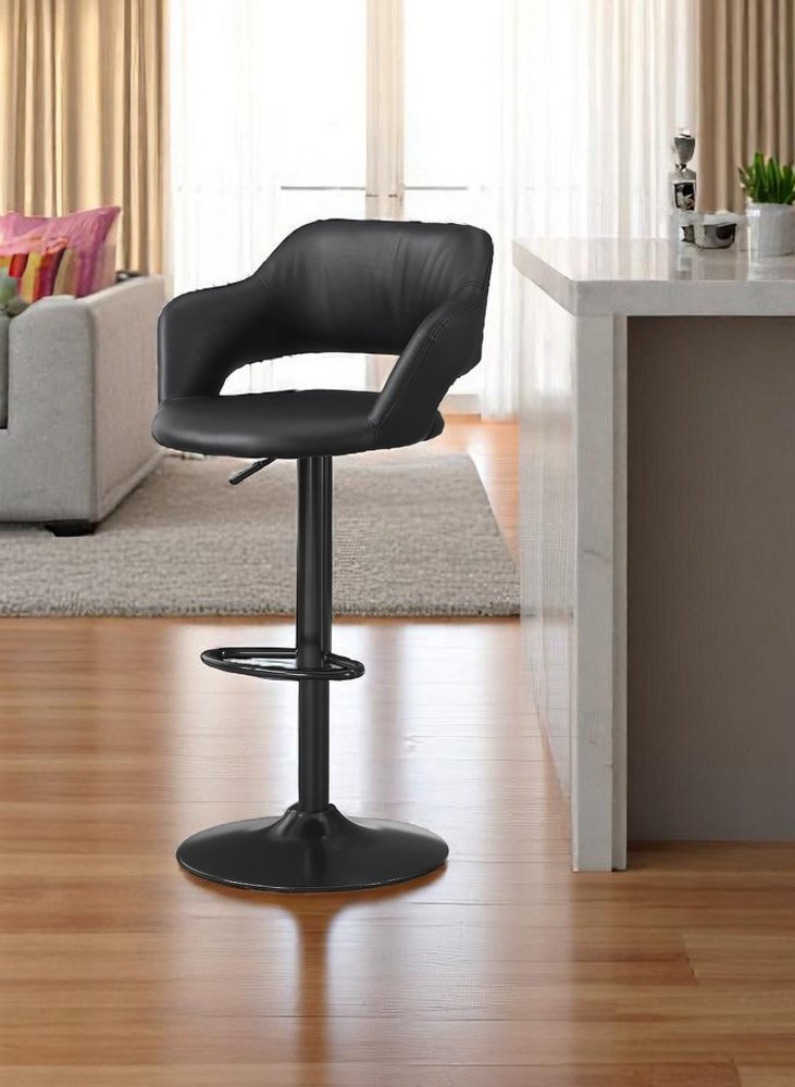 Black Faux Leather and Metal Low Back Adjustable Height Swivel Bar Chair