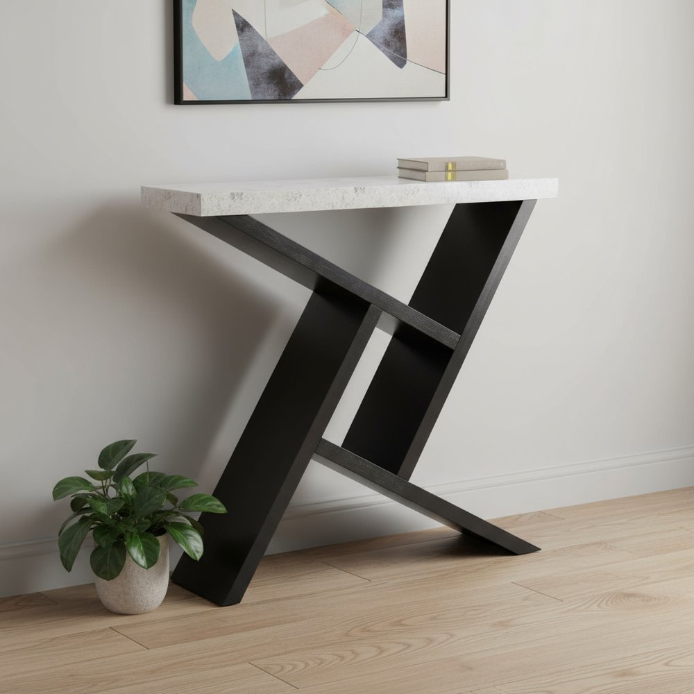 36" Gray and Black Abstract Console Table With Shelves