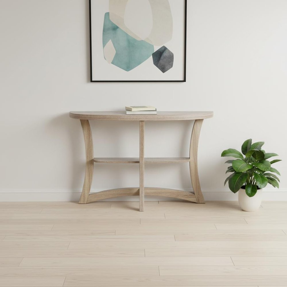 47" Taupe Half Moon Three Leg Console Table With Shelves