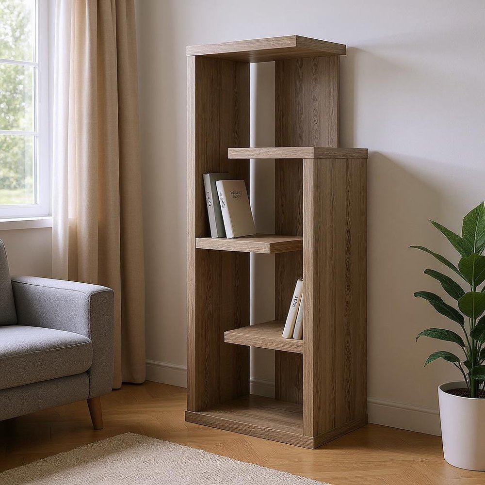 Taupe Wood Five Tier Etagere Bookcase