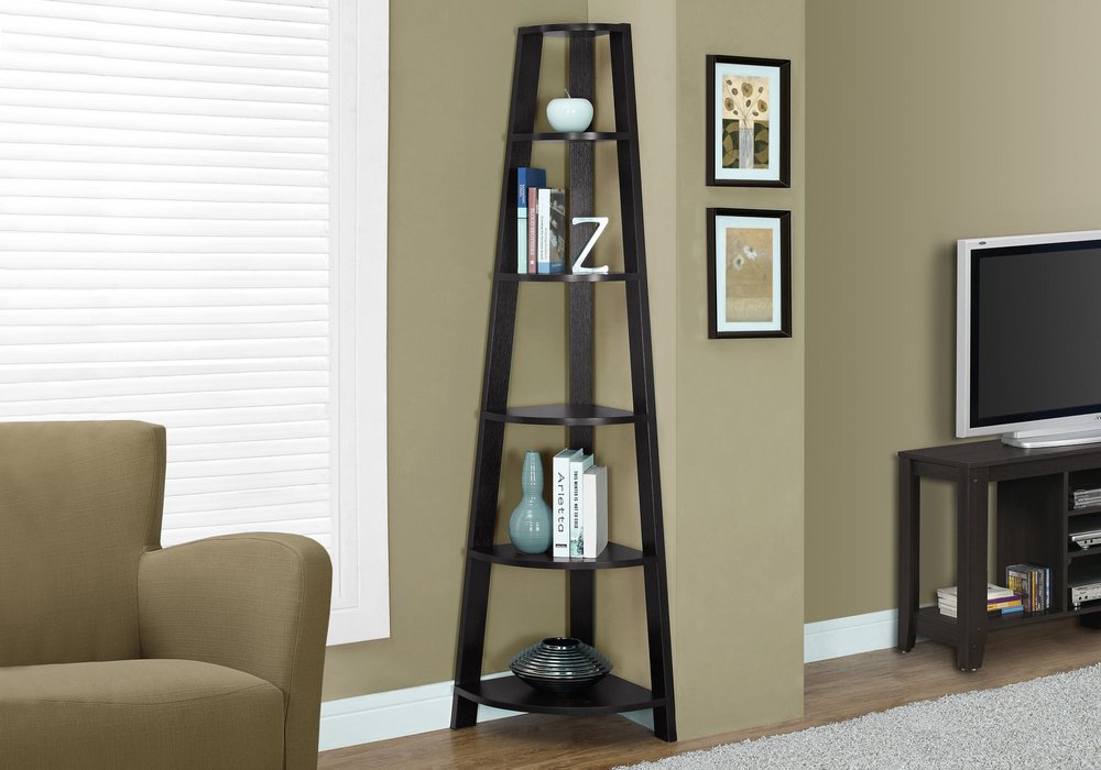 71" Black Wood Five Tier Corner Bookcase