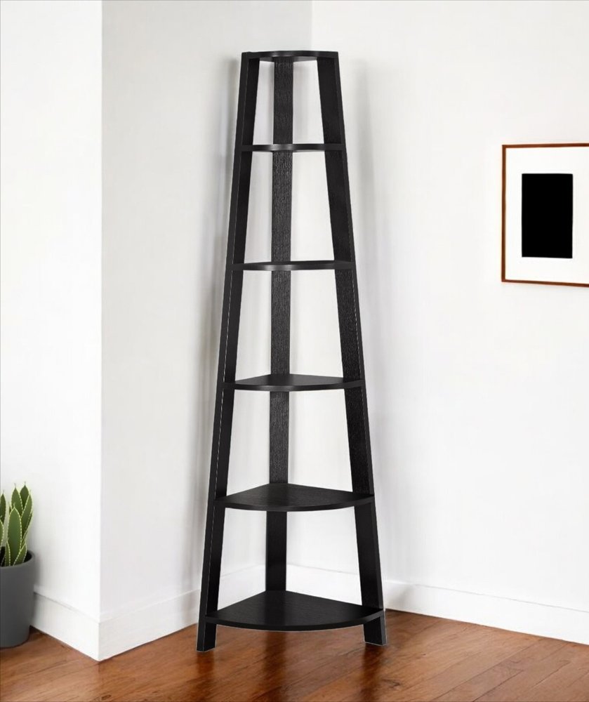 71" Black Wood Five Tier Corner Bookcase