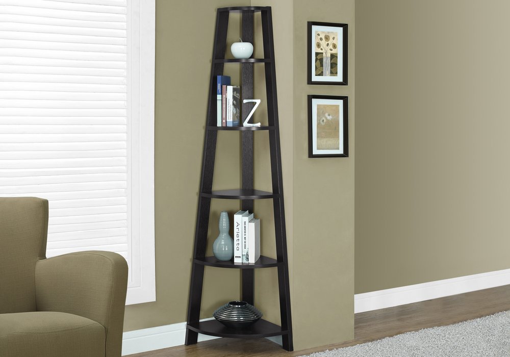 71" Black Wood Five Tier Corner Bookcase