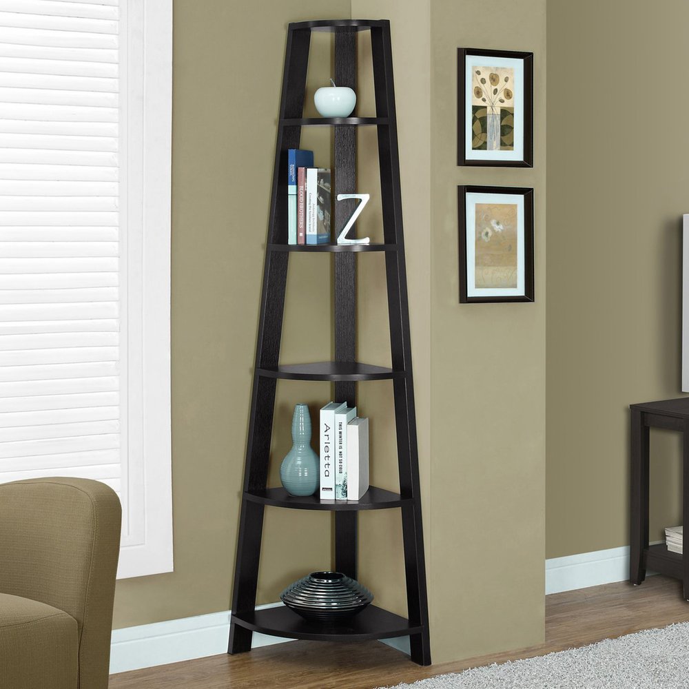 71" Black Wood Five Tier Corner Bookcase