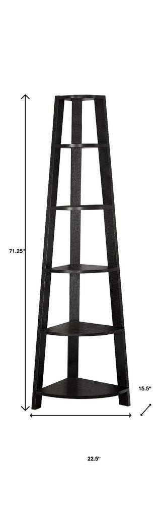 71" Black Wood Five Tier Corner Bookcase
