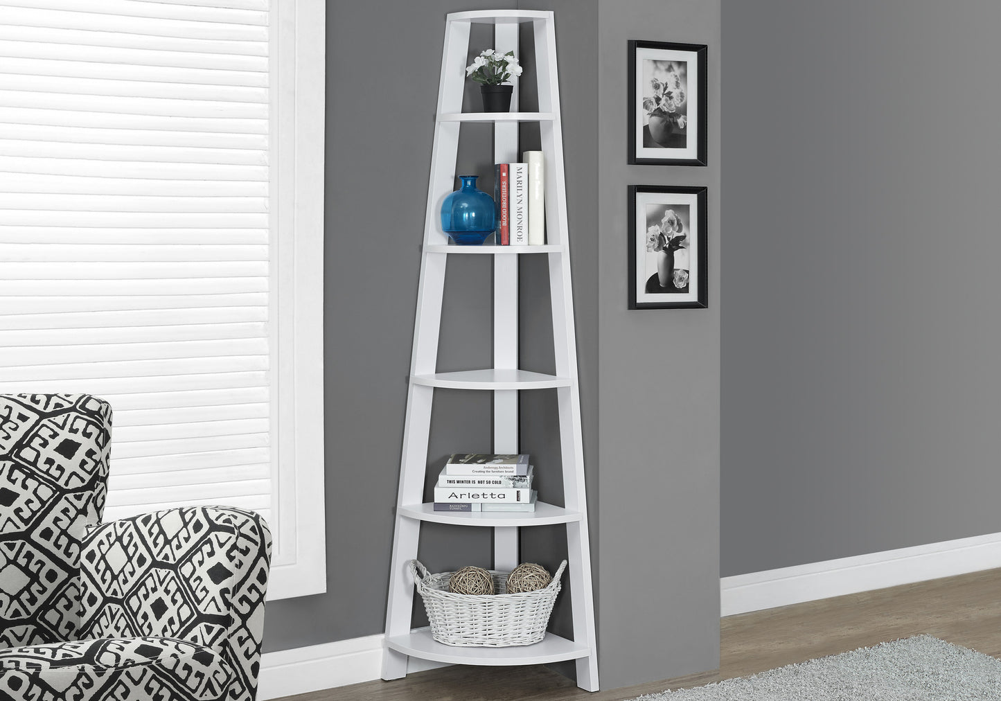 71" Black Wood Five Tier Corner Bookcase