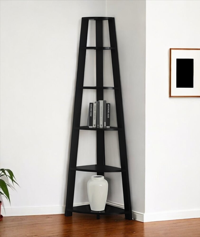 71" Black Wood Five Tier Corner Bookcase