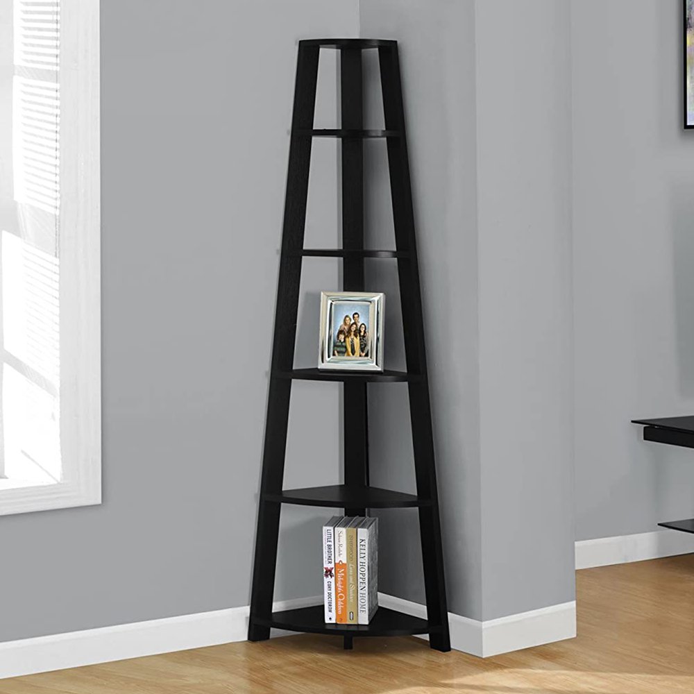 71" Black Wood Five Tier Corner Bookcase