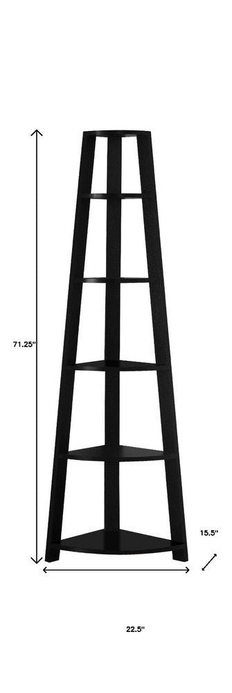 71" Black Wood Five Tier Corner Bookcase