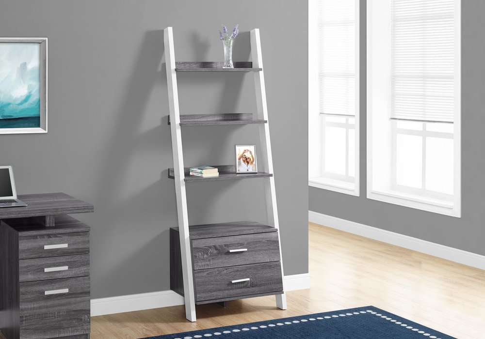 69" Gray and White Wood Ladder Bookcase With Two drawers