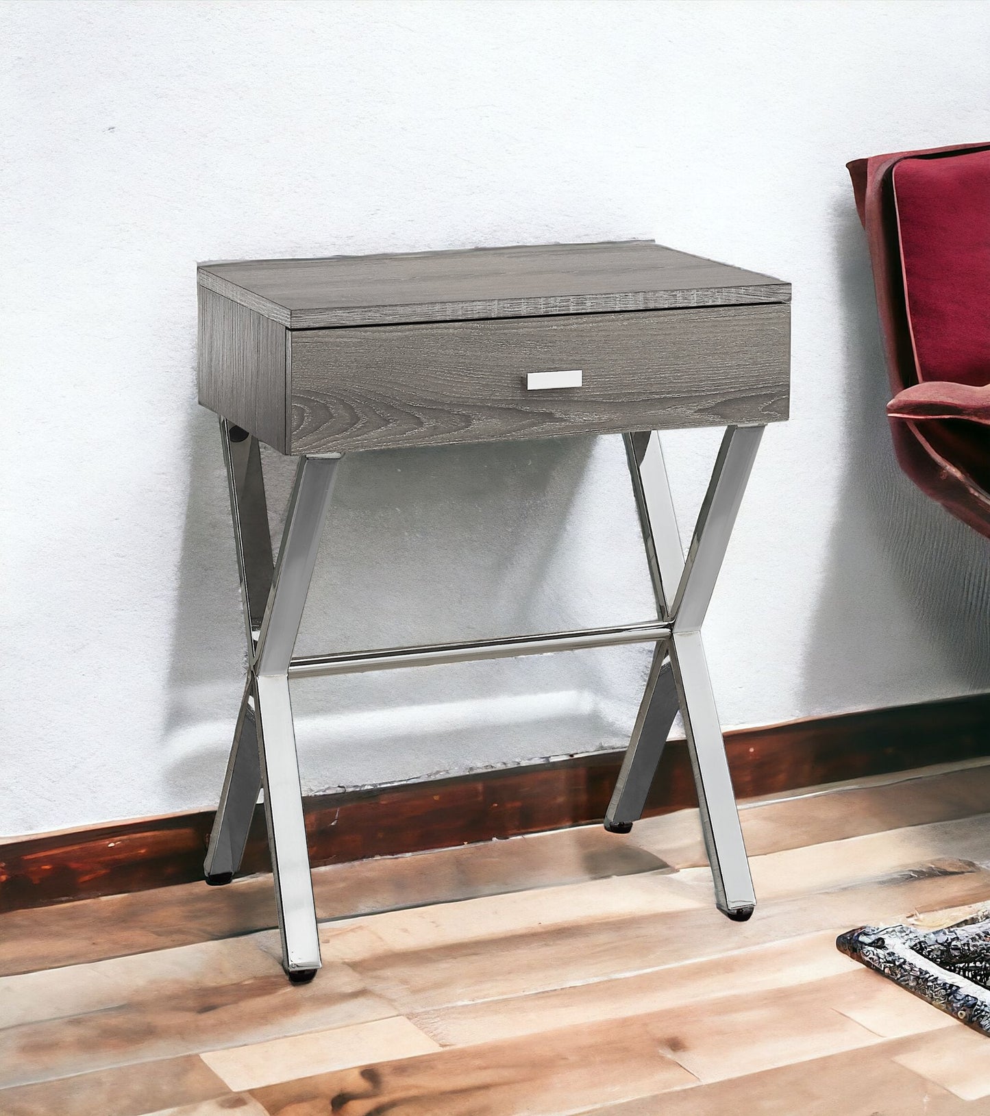 22" Black And Gray Wood And Metal End Table With Drawer
