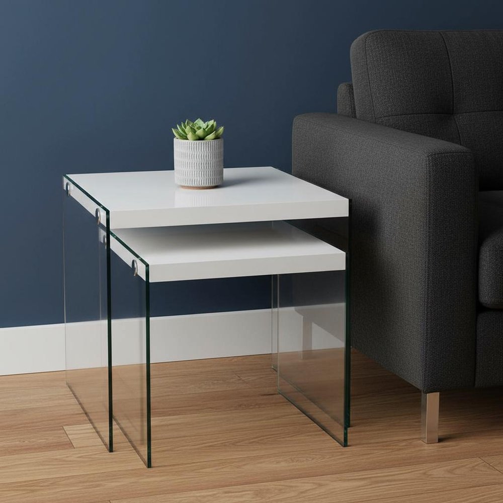 35.5" Glossy White Particle Board And Clear Glass Two Pieces Nesting Table Set