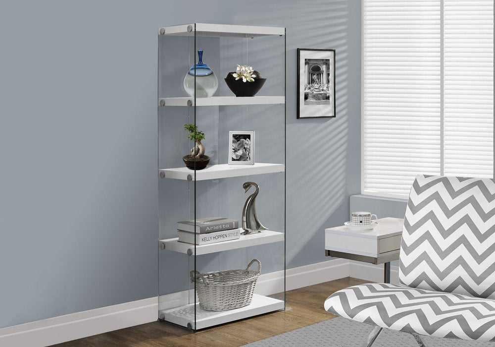 59" White Glass Four Tier Etagere Bookcase