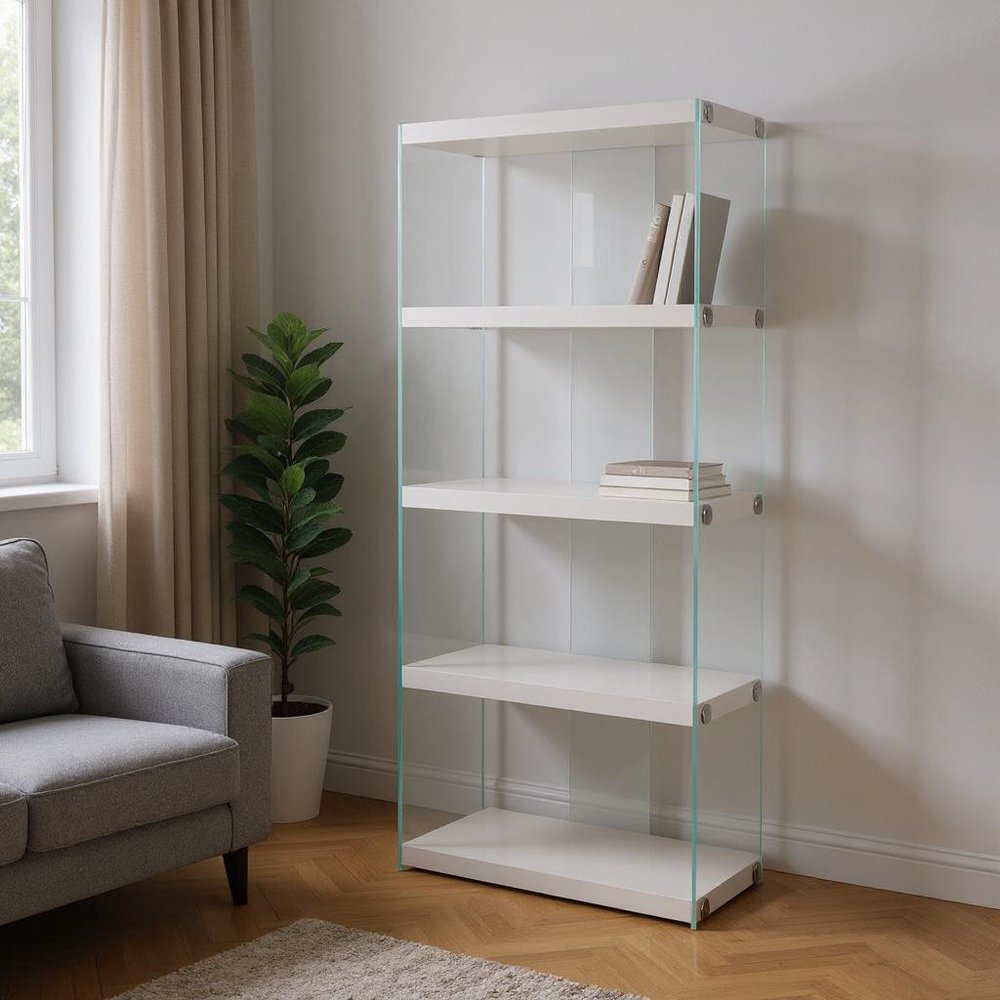 59" White Glass Four Tier Etagere Bookcase