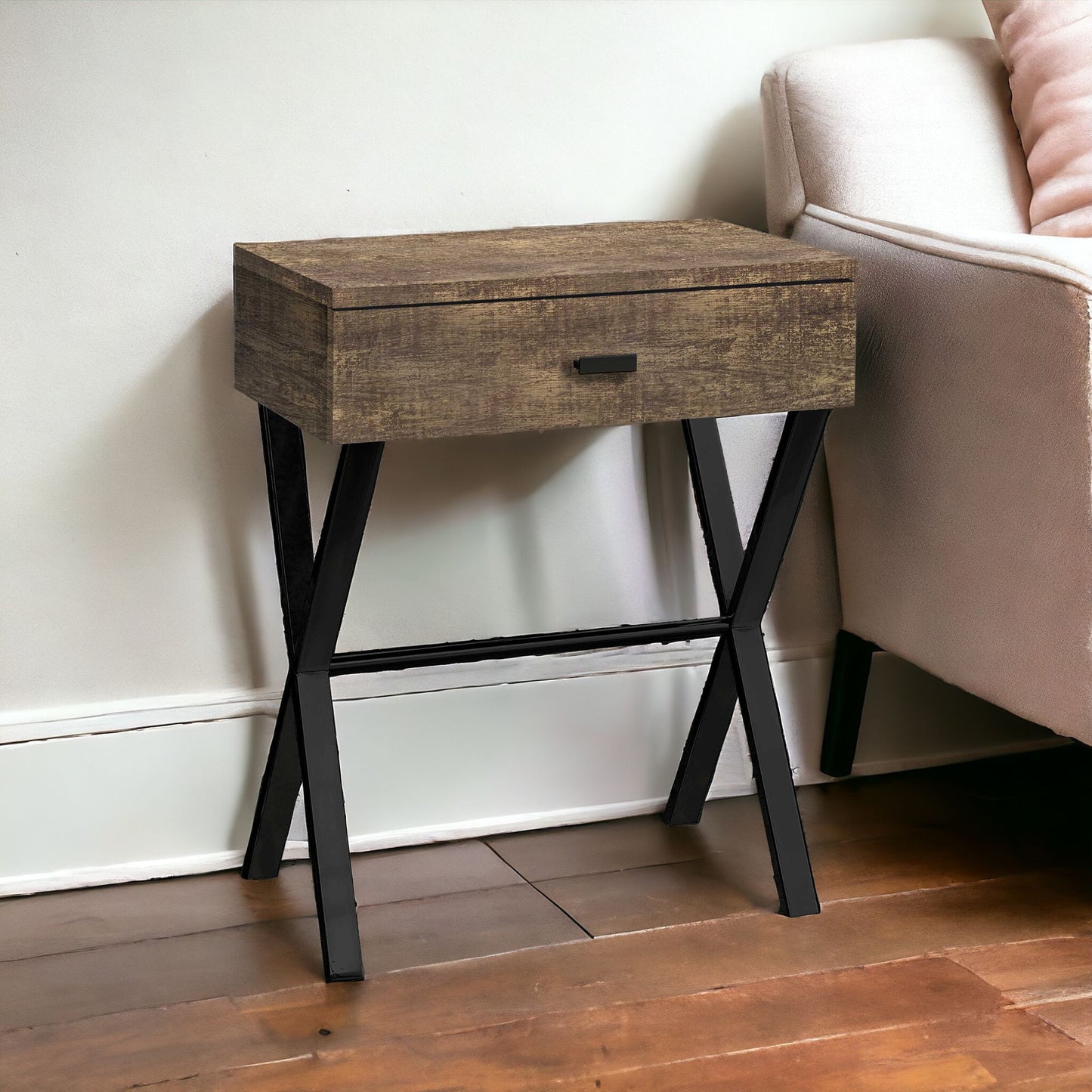 22" Black And Gray Wood And Metal End Table With Drawer