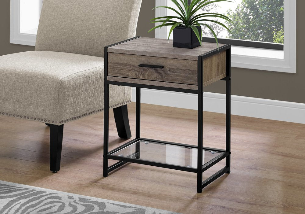 22" Black And Deep Taupe Glass And Metal End Table With Drawer And Shelf