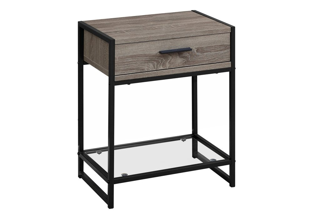 22" Black And Deep Taupe Glass And Metal End Table With Drawer And Shelf