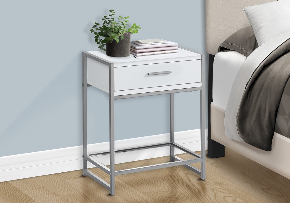 22" Black And Deep Taupe Glass And Metal End Table With Drawer And Shelf