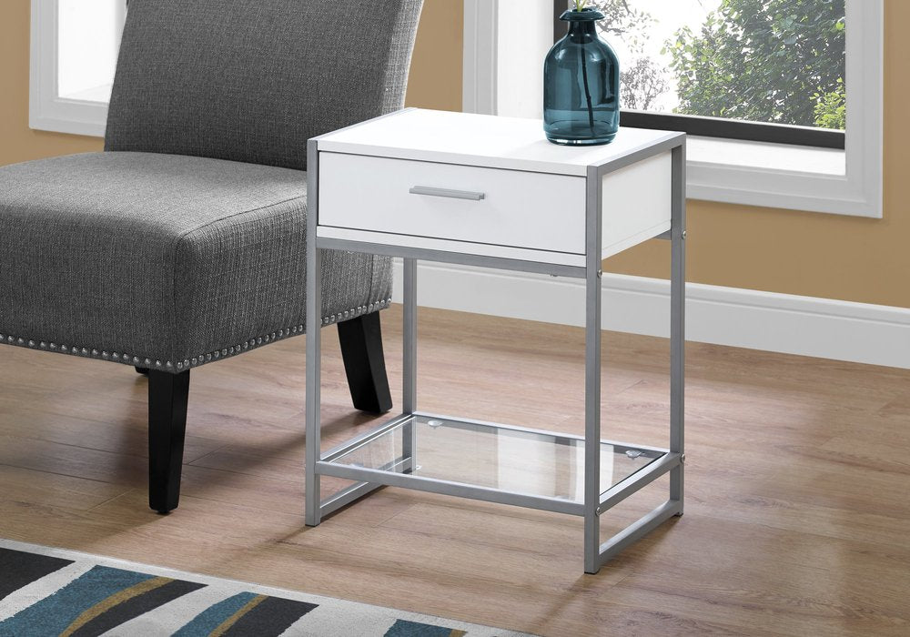 22" Black And Deep Taupe Glass And Metal End Table With Drawer And Shelf