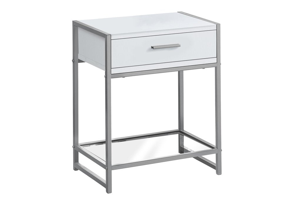 22" Black And Deep Taupe Glass And Metal End Table With Drawer And Shelf