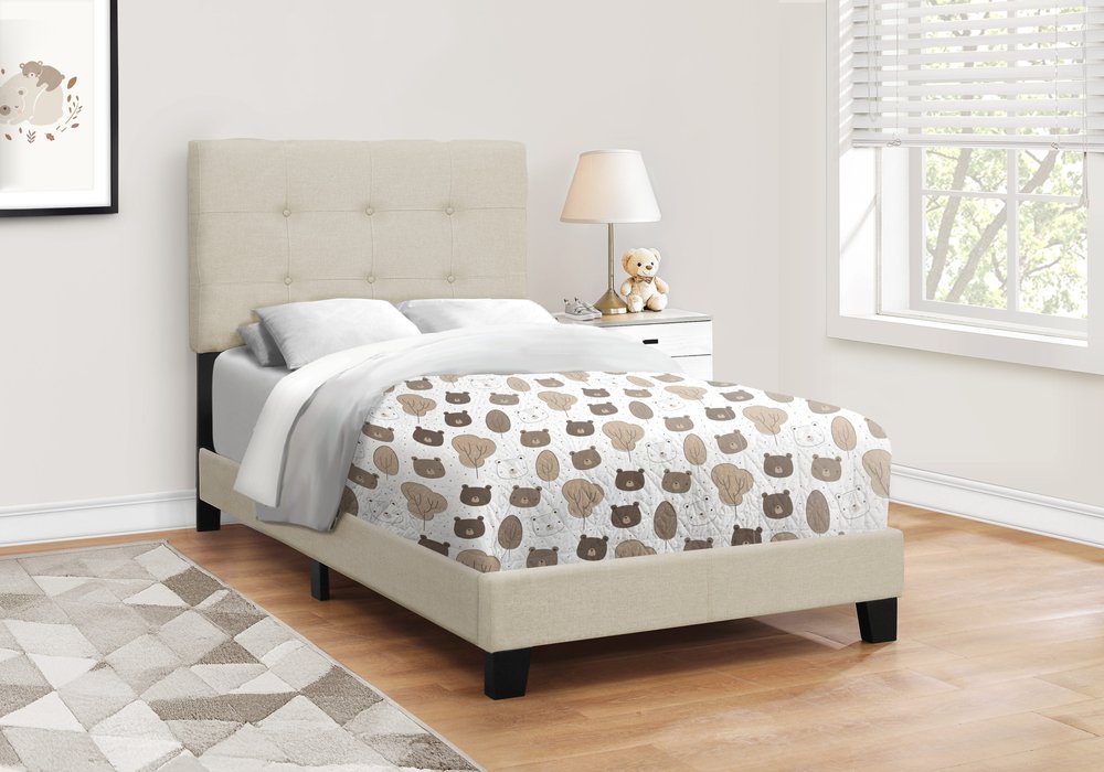 Gray Twin Tufted Upholstered Linen Bed Frame with Nailhead Trim