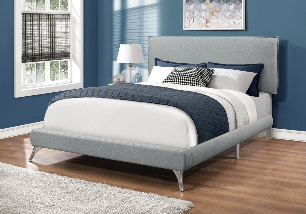 Gray Solid Wood Queen Upholstered Linen Bed Frame with Nailhead Trim