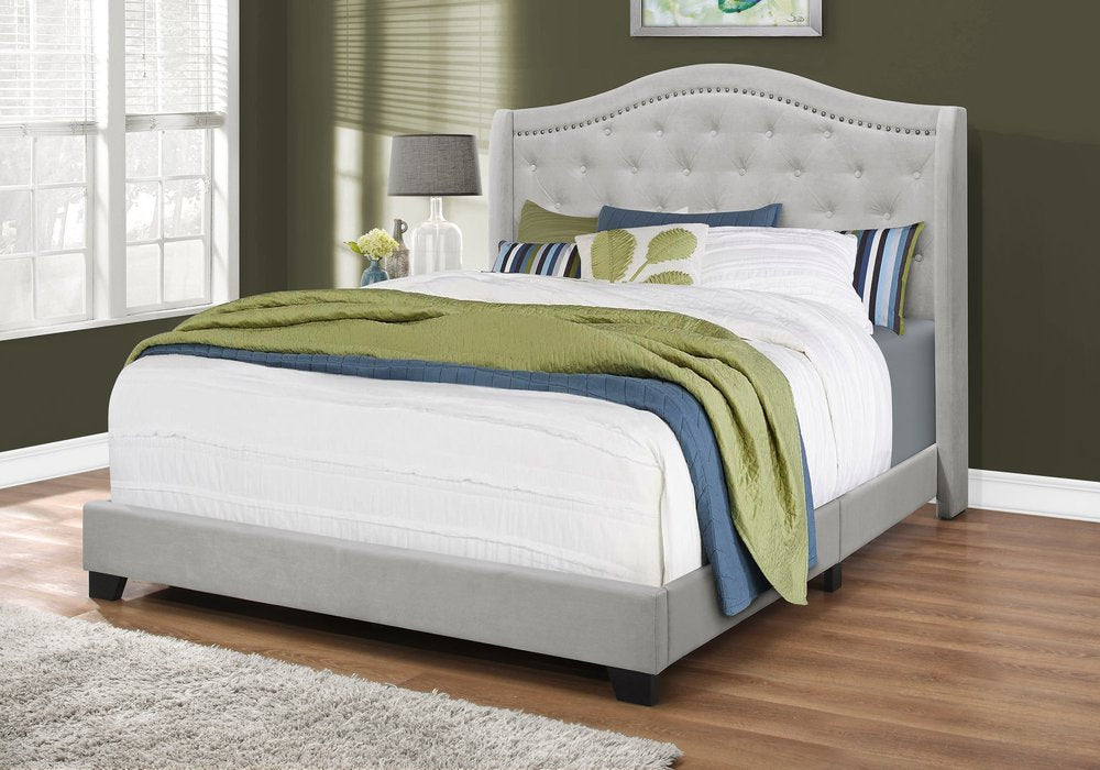Light Gray and Gray Wood Tufted Upholstered Queen Bed Frame with Nailhead Trim