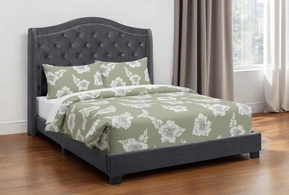 Light Gray and Gray Wood Tufted Upholstered Queen Bed Frame with Nailhead Trim