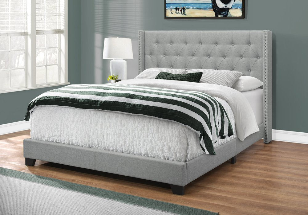Gray Solid Wood And Tufted Linen Queen Bed Frame with Nailhead Trim
