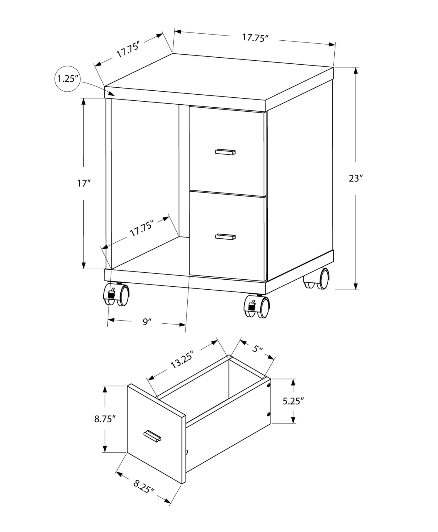 17.75" X 17.75" X 23" Dark Taupe Particle Board Hollow Core 2 Drawers Office Cabinet