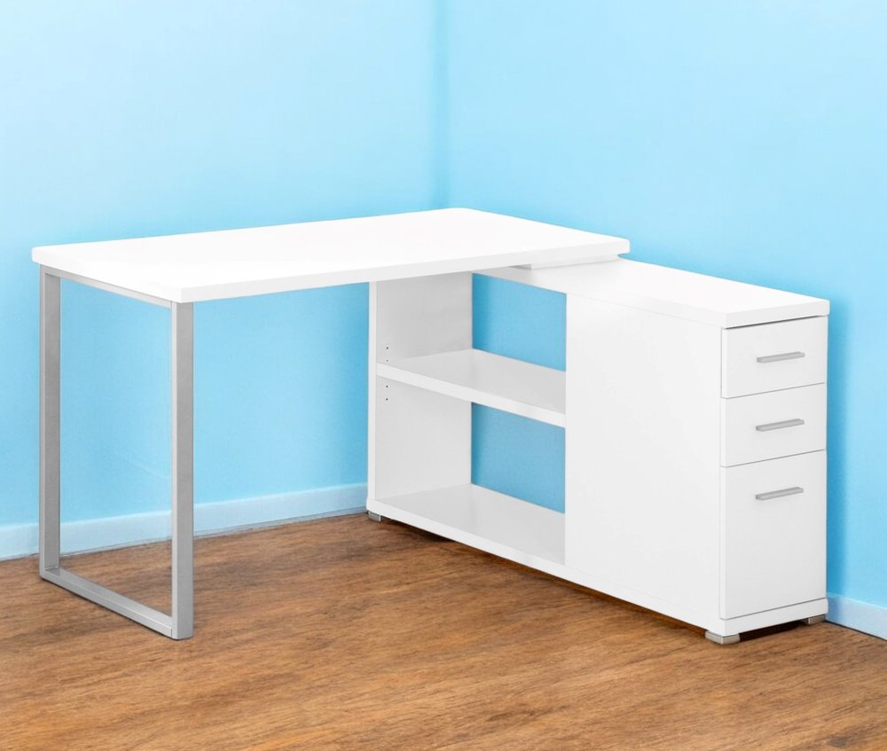 47" White and Silver L Shape Computer Desk With Three Drawers