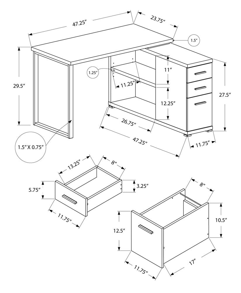 47" White and Silver L Shape Computer Desk With Three Drawers