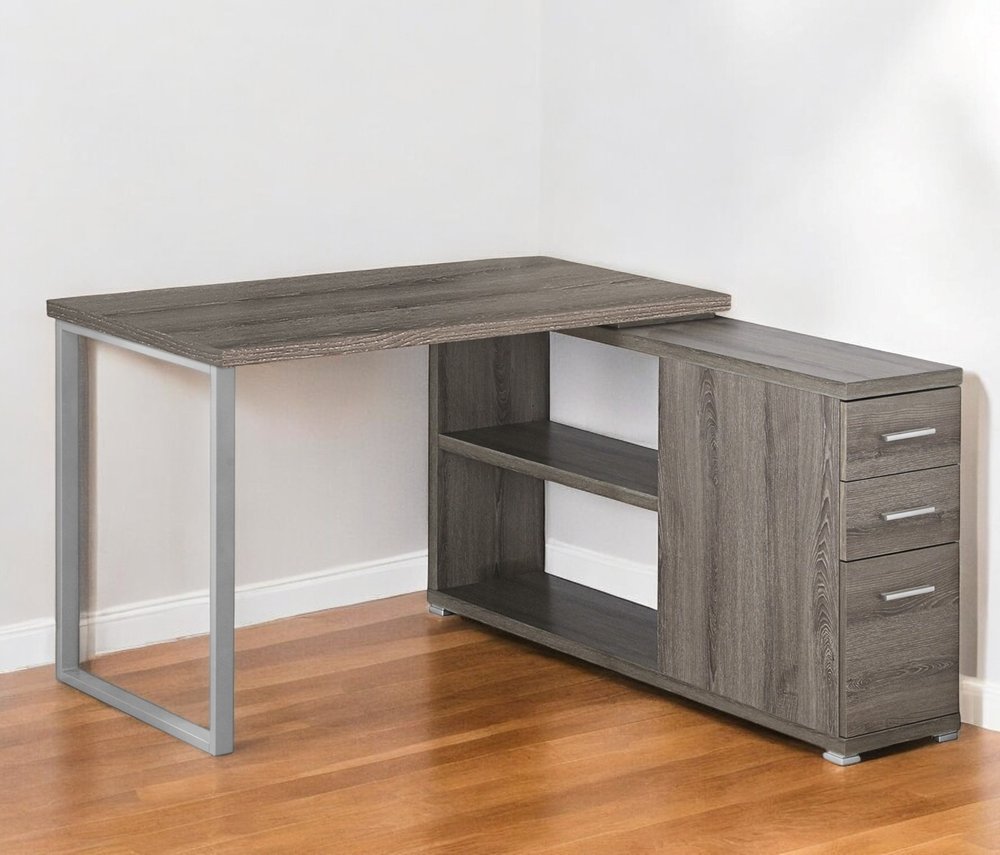 47" White and Silver L Shape Computer Desk With Three Drawers