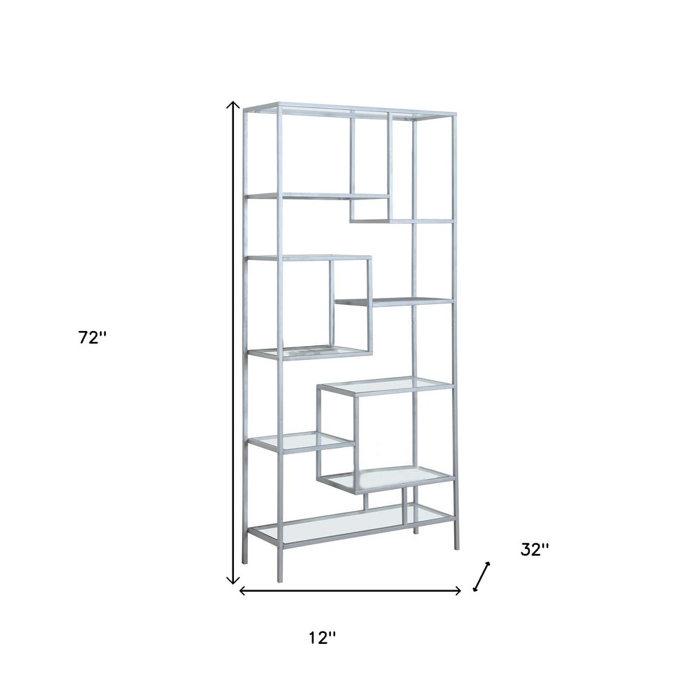 72" Silver And Clear Metal and Glass Nine Tier Etagere Bookcase