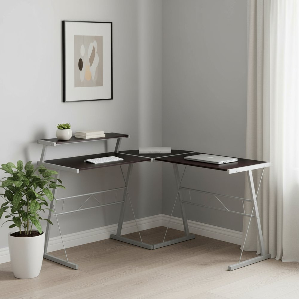 18" Dark Brown and Silver L Shape Computer Desk