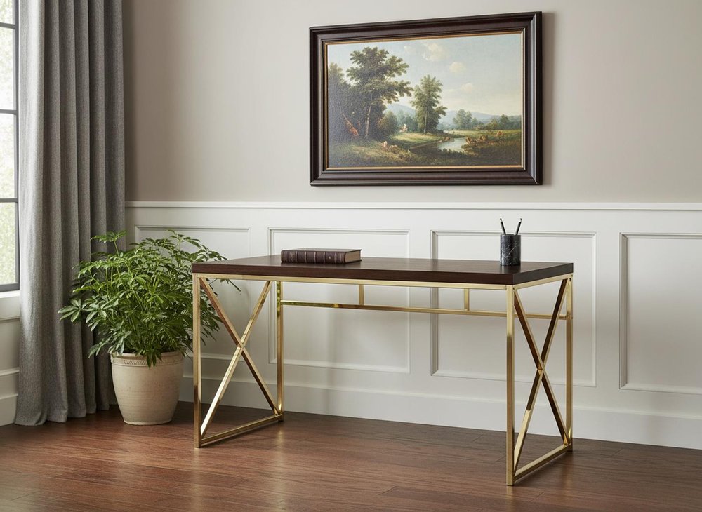 47" Espresso and Gold Writing Desk