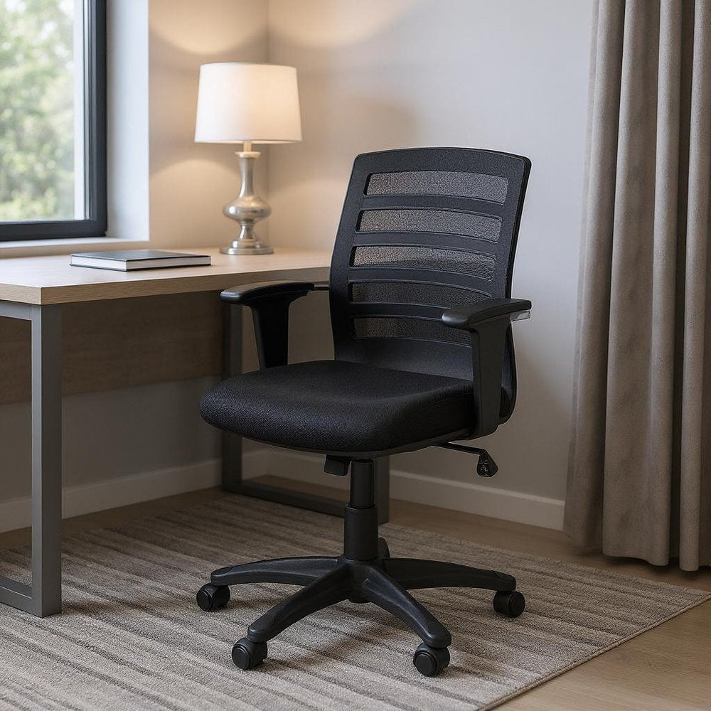 Black Polyester Seat Swivel Adjustable Task Chair Mesh Back Plastic Frame