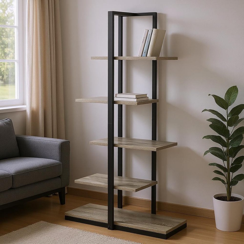 Taupe Metal Five Tier Etagere Bookcase