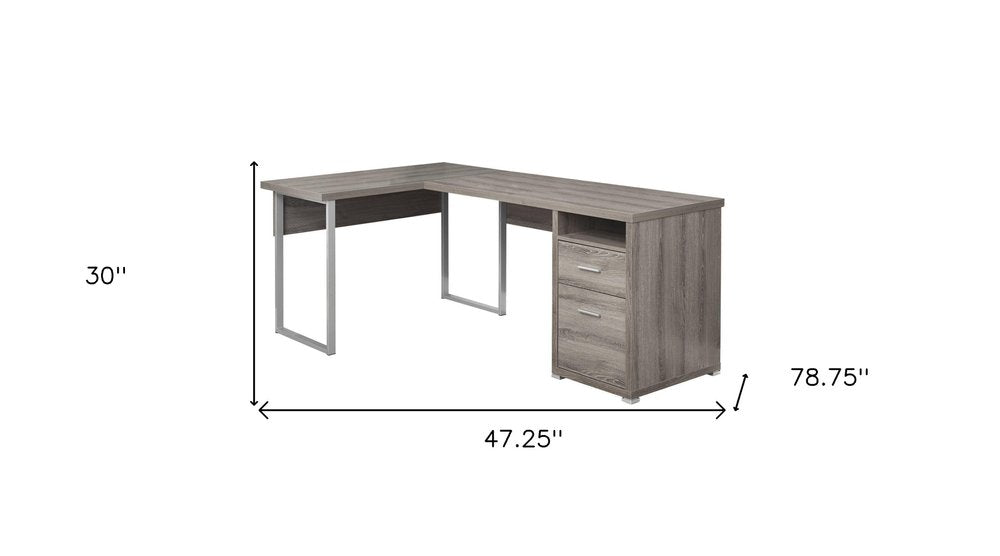 47" Gray and Silver L Shape Computer Desk With Two Drawers