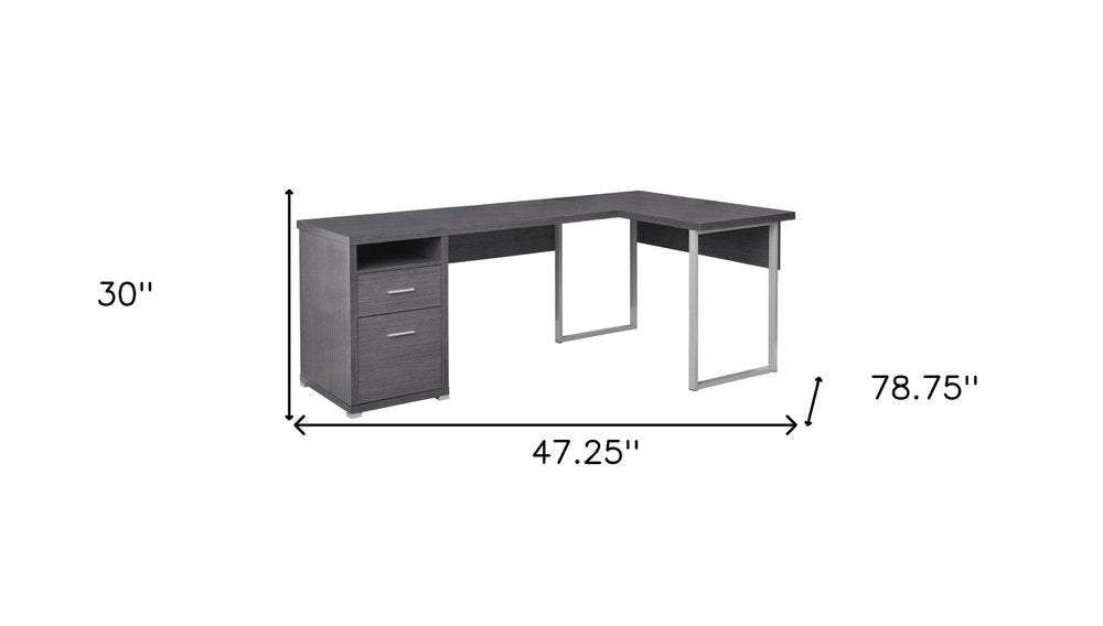 47" Gray and Silver L Shape Computer Desk With Two Drawers